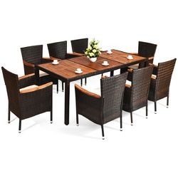 9 pcs Patio Rattan Dining Set 8 Chairs Cushioned Acacia Table Top