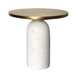 17 Inch Round Brass Modern Accent End Table with Cylindrical Marble Base; Brass; White; DunaWest