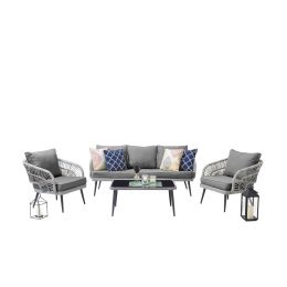 Manhattan Comfort Riviera Rope Wicker 4-Piece 5 Seater Patio Conversation Set with Cushions in Grey