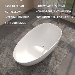 FRALIMK 59" x 30.71" x 22.05" Flatbottom Freestanding Solid Surface Stone Resin Bathtub Soaking Tub; Soft White Matte