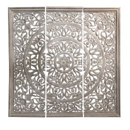 Hand Carved Panels Wooden Wall Art with Cutouts; Set of 3; Distressed White