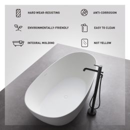 FRALIMK 67" x 33.5" x 22.05" Flat bottom freestanding solid surface resin stone immersion bathtub;  soft white matte anti-skid