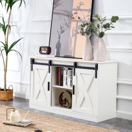 White decorative wooden TV / storage cabinet with two sliding barn doors available for bedroom living room; corridor.