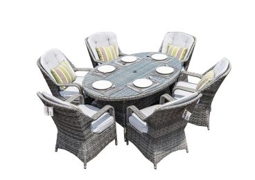 Direct Wicker Patio Wicker 7 Piece Oval Dining Set-Gray (Color: Light Color)