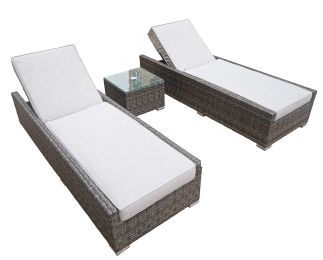 Direct Wicker Outdoor 3PCS Deluxe Patio Adjustable Wicker Rattan Chaise Lounge Set with Cushions and Table (Color: Grey)