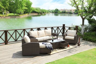 Direct Wicker Aluminum 5-piece Outdoor PE Rattan Wicker Sofa Rattan Patio Garden Furniture ,Gray (Pillow Color: Brown Wicker)